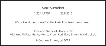 Traueranzeige von Max Auracher von Süddeutsche Zeitung