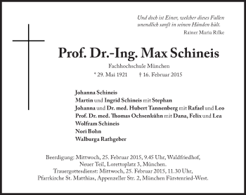 Traueranzeige von Max Schineis von Süddeutsche Zeitung