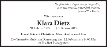 Traueranzeige von Klara Dietz von Süddeutsche Zeitung