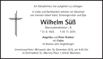 Traueranzeige von Wilhelm Süß von Süddeutsche Zeitung