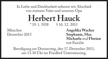 Traueranzeige von Herbert Hauck von Süddeutsche Zeitung