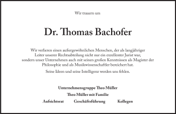 Traueranzeige von Thomas Bachofer von Süddeutsche Zeitung