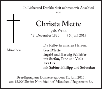 Traueranzeige von Christa Mette von Süddeutsche Zeitung
