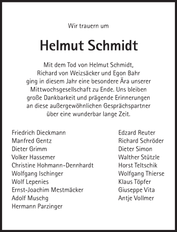 Traueranzeige von Helmut Schmidt von Süddeutsche Zeitung