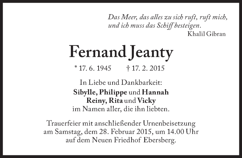  Traueranzeige für Fernand Jeanty vom 24.02.2015 aus Süddeutsche Zeitung
