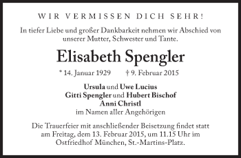 Traueranzeige von Elisabeth Spengler von Süddeutsche Zeitung