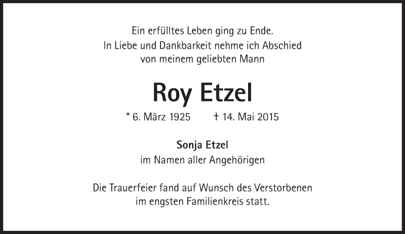  Traueranzeige für Roy Etzel vom 30.05.2015 aus Süddeutsche Zeitung
