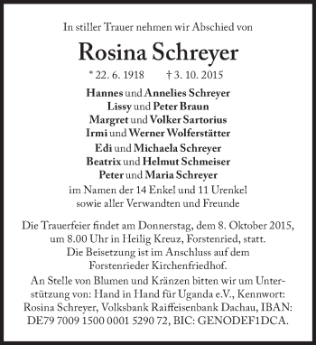 Traueranzeige von Rosina Schreyer von Süddeutsche Zeitung