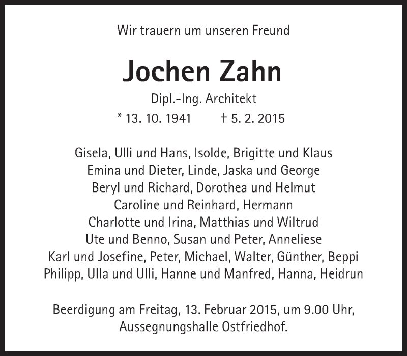  Traueranzeige für Jochen Zahn vom 11.02.2015 aus Süddeutsche Zeitung