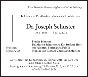 Traueranzeige von Joseph Schuster von Süddeutsche Zeitung