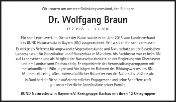 Traueranzeige von Wolfgang Braun von Süddeutsche Zeitung