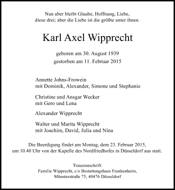 Traueranzeige von Karl Axel Wipprecht von Süddeutsche Zeitung