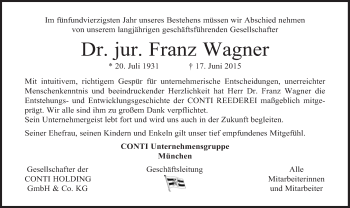 Traueranzeige von Franz Wagner von Süddeutsche Zeitung