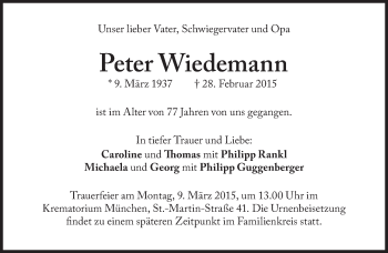 Traueranzeige von Peter Wiedemann von Süddeutsche Zeitung