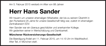 Traueranzeige von Hans Sander von Süddeutsche Zeitung