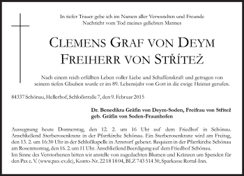 Traueranzeige von Clemens  Graf von Deym von Süddeutsche Zeitung
