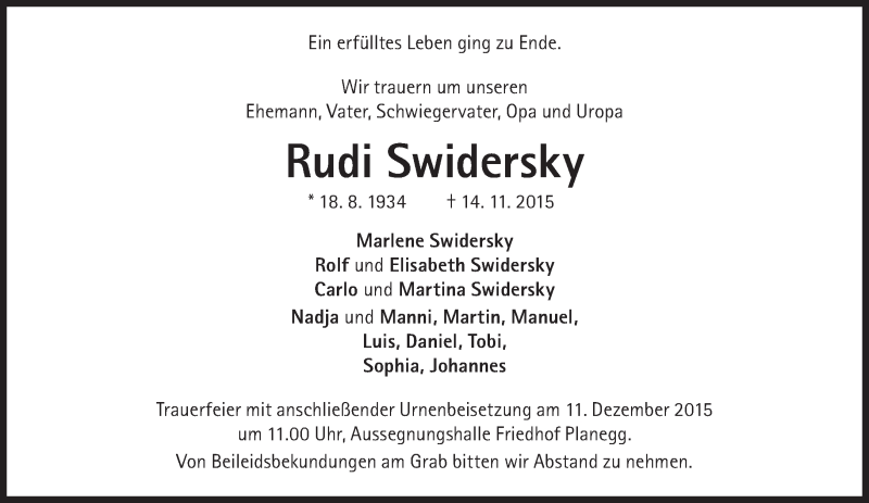  Traueranzeige für Rudi Swidersky vom 05.12.2015 aus Süddeutsche Zeitung