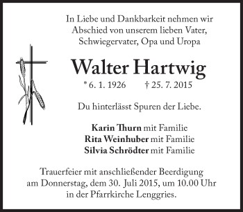 Traueranzeige von Walter Hartwig von Süddeutsche Zeitung