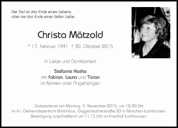 Traueranzeige von Christa Mätzold von Süddeutsche Zeitung