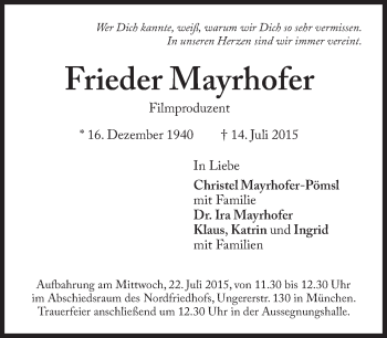 Traueranzeige von Frieder Mayrhofer von Süddeutsche Zeitung
