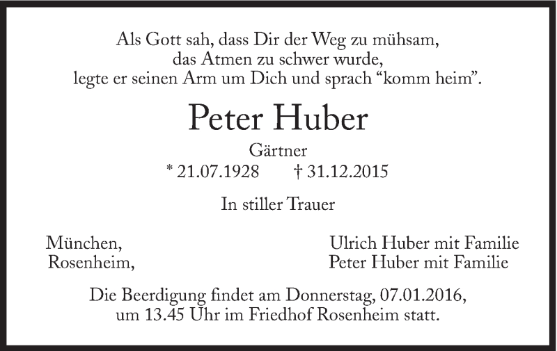  Traueranzeige für Peter Huber vom 05.01.2016 aus Süddeutsche Zeitung