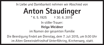 Traueranzeige von Anton Staudinger von Süddeutsche Zeitung