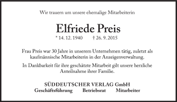 Traueranzeige von Elfriede Preis von Süddeutsche Zeitung