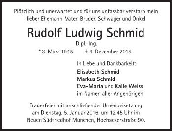 Traueranzeige von Rudolf Ludwig Schmid  von Süddeutsche Zeitung