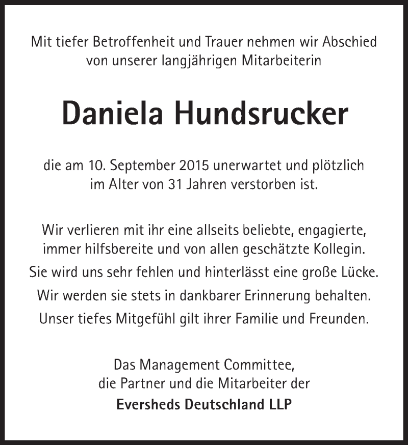  Traueranzeige für Daniela Hundsrucker vom 19.09.2015 aus Süddeutsche Zeitung
