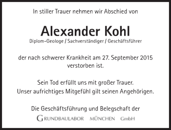 Traueranzeige von Alexander Kohl von Süddeutsche Zeitung