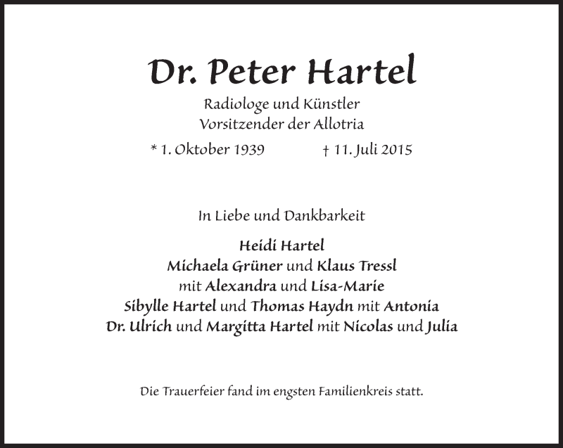  Traueranzeige für Peter Hartel vom 22.07.2015 aus Süddeutsche Zeitung
