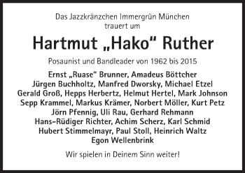 Traueranzeige von Hartmut Ruther von Süddeutsche Zeitung