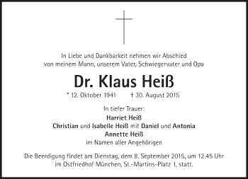 Traueranzeige von Klaus Heiß von Süddeutsche Zeitung
