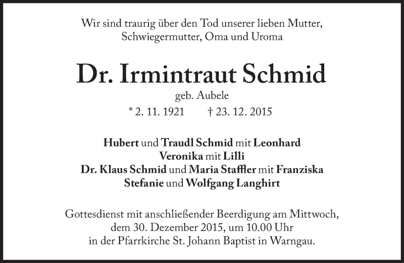  Traueranzeige für Irmintraut Schmid vom 28.12.2015 aus Süddeutsche Zeitung