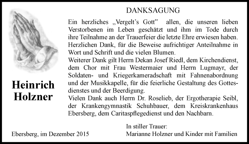  Traueranzeige für Heinrich Holzner vom 19.12.2015 aus Süddeutsche Zeitung