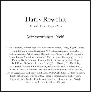 Traueranzeige von Harry Rowohlt von Süddeutsche Zeitung