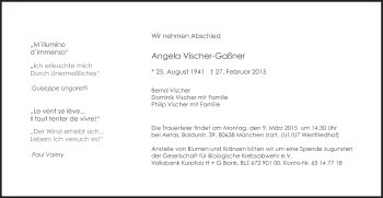 Traueranzeige von Angela Vischer-Gaßner von Süddeutsche Zeitung