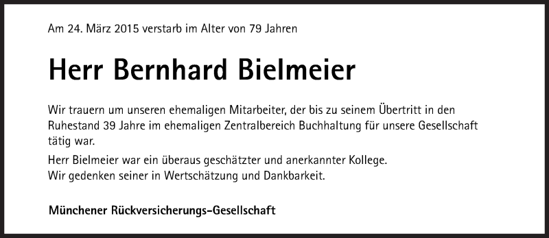  Traueranzeige für Bielmeier Bernhard vom 08.04.2015 aus Süddeutsche Zeitung