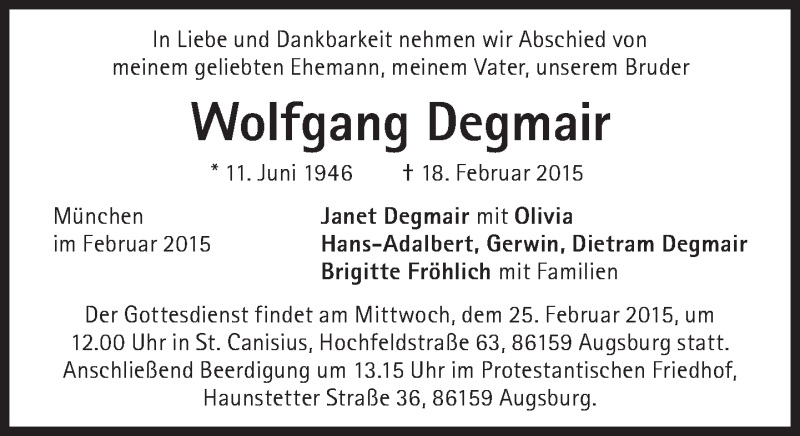  Traueranzeige für Wolfgang Degmair vom 23.02.2015 aus Süddeutsche Zeitung