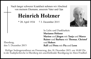 Traueranzeige von Heinrich Holzner von Süddeutsche Zeitung