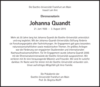 Traueranzeige von Johanna Maria Quandt  von Süddeutsche Zeitung