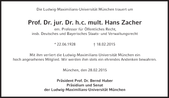 Traueranzeige von Hans F. Zacher von Süddeutsche Zeitung