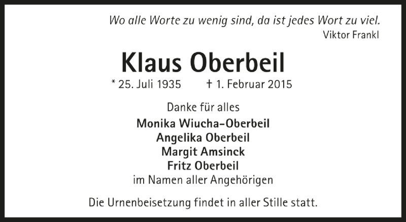  Traueranzeige für Klaus Oberbeil vom 19.02.2015 aus SZ Trauer