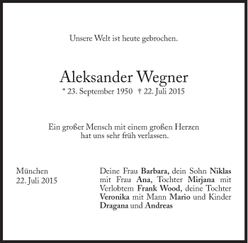 Traueranzeige von Aleksander Wegner von Süddeutsche Zeitung