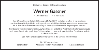 Traueranzeige von Werner Gassner von Süddeutsche Zeitung