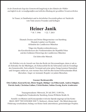 Traueranzeige von Heiner Janik von Süddeutsche Zeitung