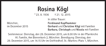 Traueranzeige von Rosina Kögl von Süddeutsche Zeitung