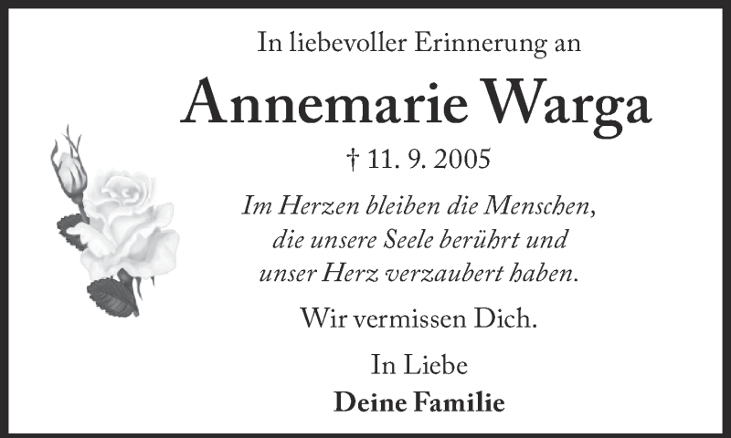  Traueranzeige für Annemarie Warga vom 11.09.2015 aus SZ Trauer