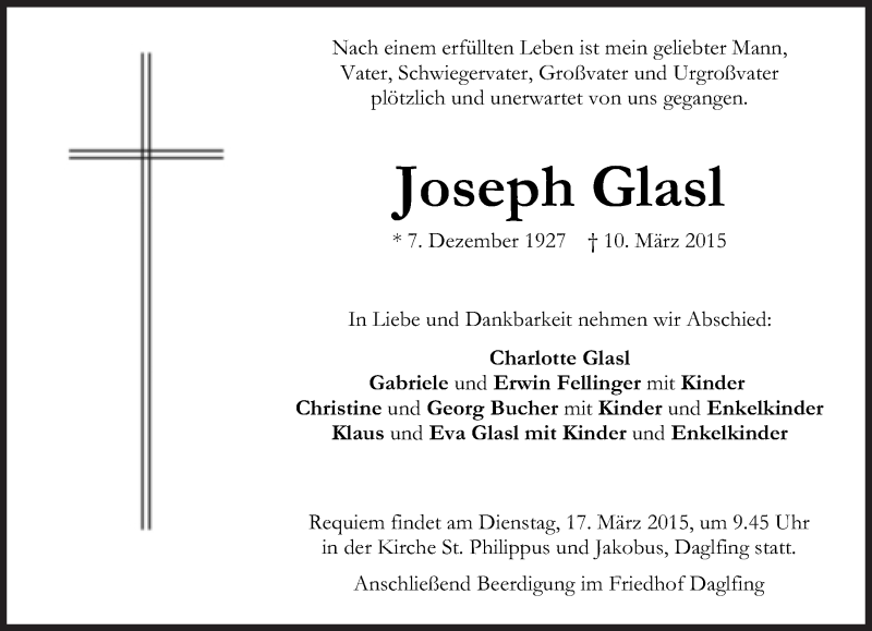 Traueranzeigen von Joseph Glasl SZGedenken.de