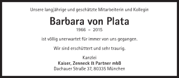 Traueranzeige von Barbara von Plata von Süddeutsche Zeitung